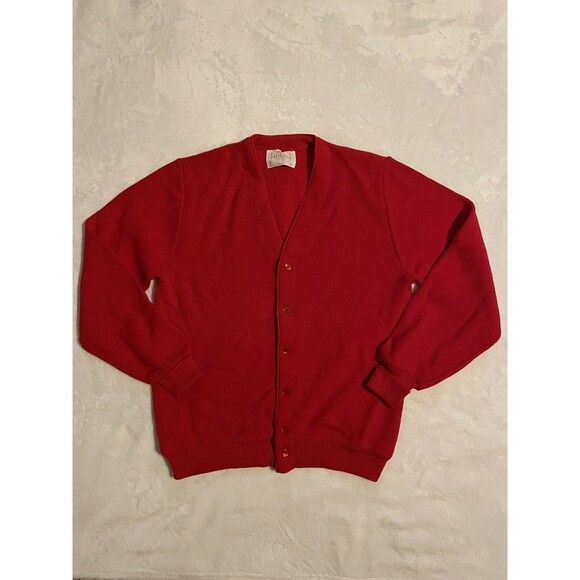 Vintage Jantzen Cardigan Size Medium Mens Red Knit Sweater Pure Wool Made In USA